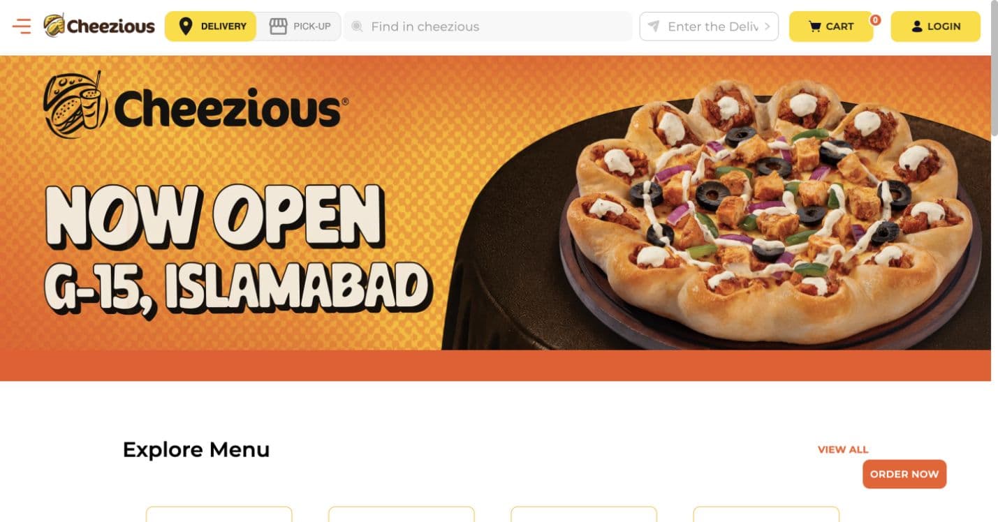 The Cheezious public website, showing its menu and delivery and pickup entry points