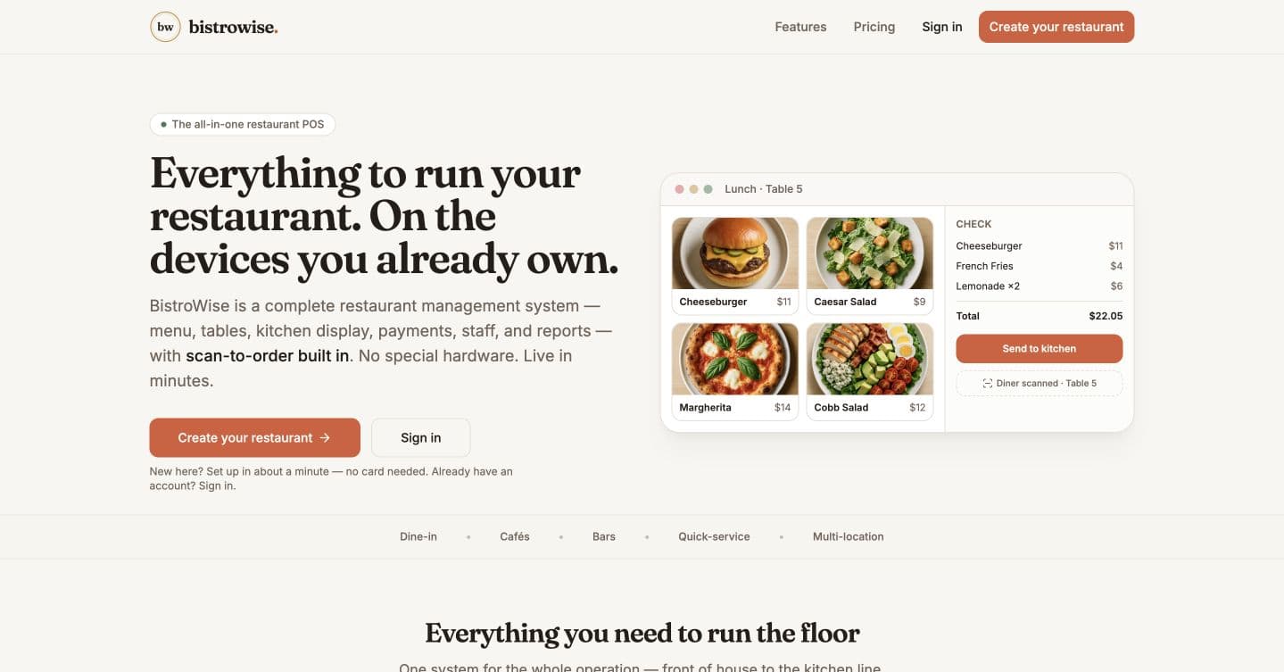 BistroWise public restaurant-management homepage on a desktop screen