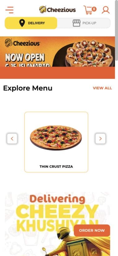 Cheezious public restaurant website on a mobile screen