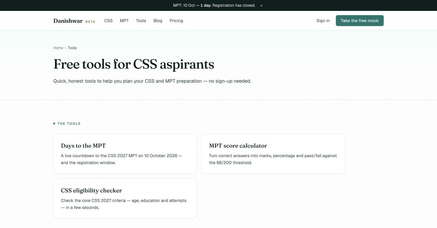 Danishwar public CSS and MPT tools page on a desktop screen