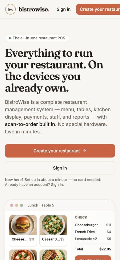 BistroWise public restaurant-management homepage on a mobile screen